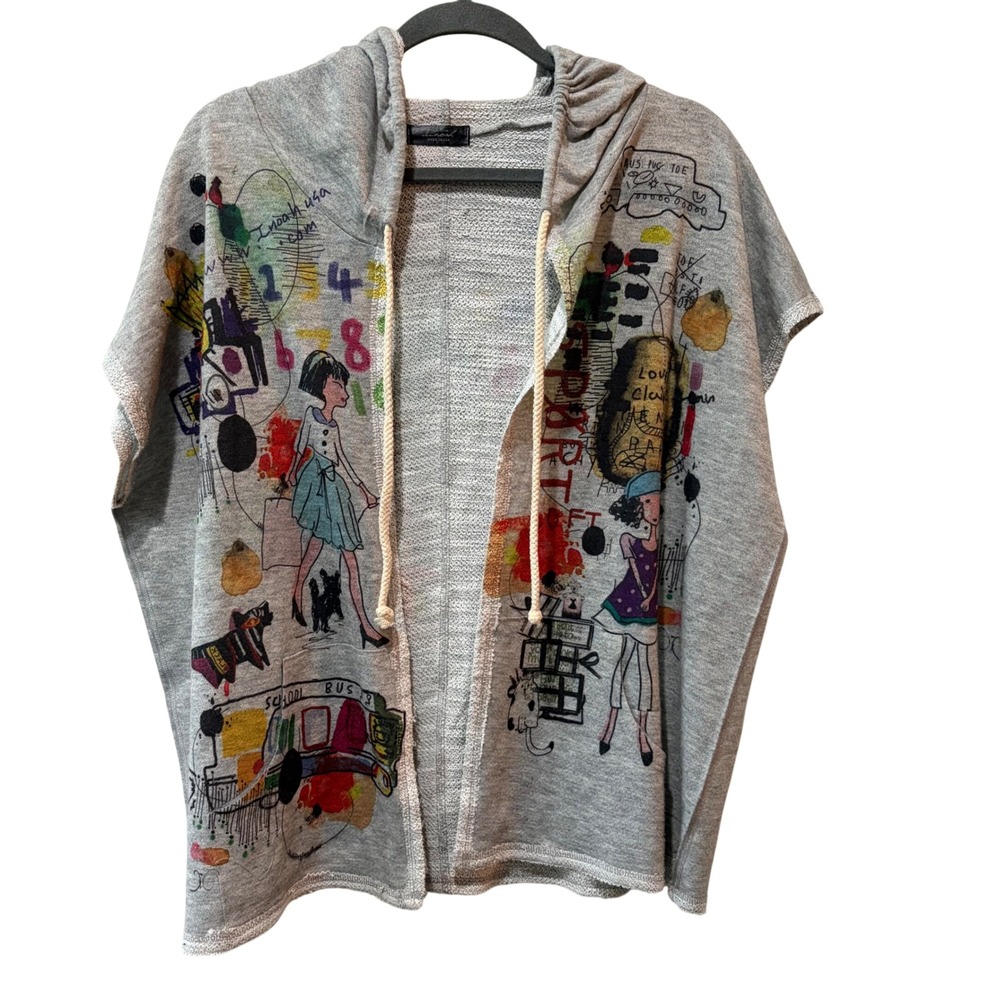 Inoah Hooded Cardigan Womens One Size Gray Graphic Art Colorful Quirky Teacher